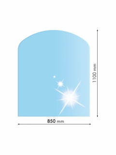 21.02.981.2, Sklo pod kachle, SKOSENÝ OBLÚK, 85x110 cm, fazeta 20 mm, hr. 8 mm, kalené sklo