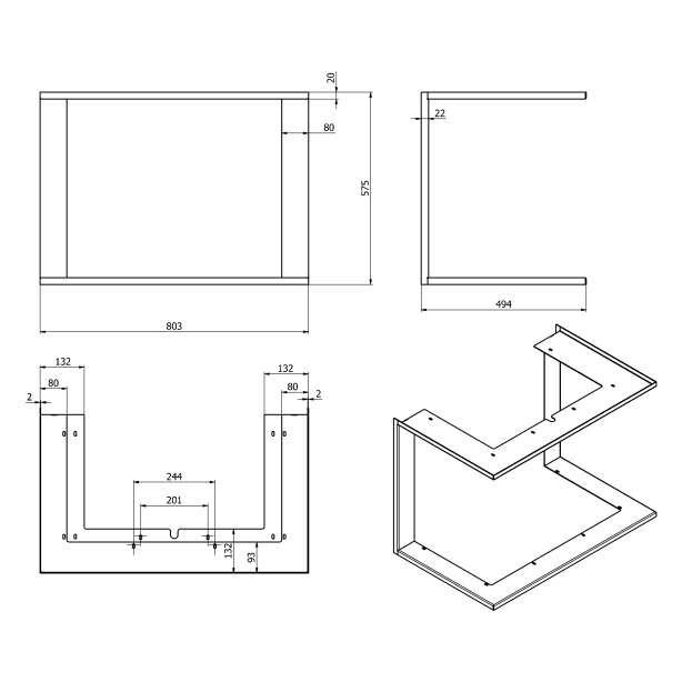 Rámik pre trojstranné s výsuvom KV INTRA XSM C G, úzky 2 cm, hlboký 13.2 cm, čierny