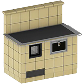 Zostava APK, nízka (ohnisko s oceľovými dvierkami s dvojitým presklením 276x290 mm, rúrou na pečenie a akumulačným výmenníkom, zadné vyústenie dymovodu)