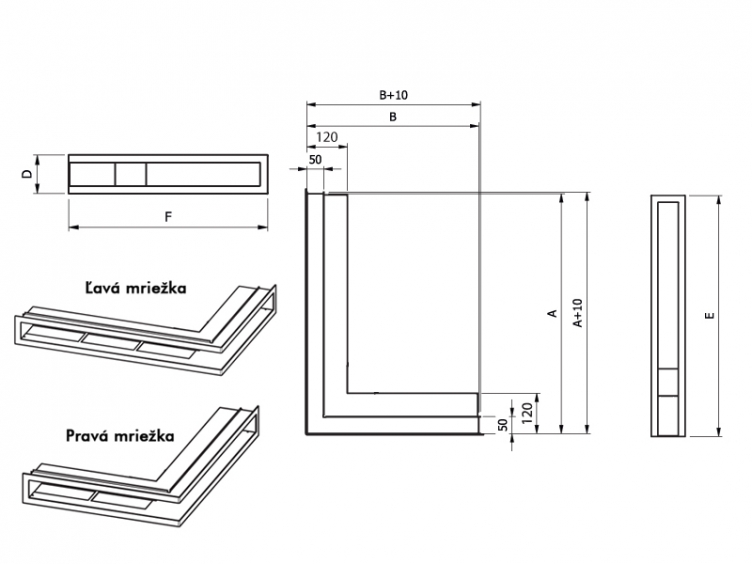 Krbová mriežka PREMIUM STEEL 700x500/100 mm, čierna, tunelová rohová s rámikom, ľavá, nerez