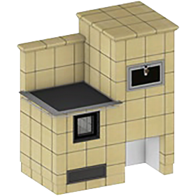 Zostava APK, vysoká (ohnisko s oceľovými dvierkami s dvojitým presklením 276x290 mm, rúrou na pečenie a akumulačným výmenníkom, zadné vyústenie dymovodu)